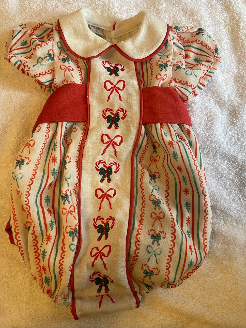 Piccolo & Co. Christmas Cream Bow Embroidered Bubble One Piece